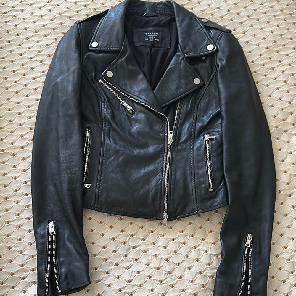Zara Trafaluc Black Real Genuine Leather Biker Jacket